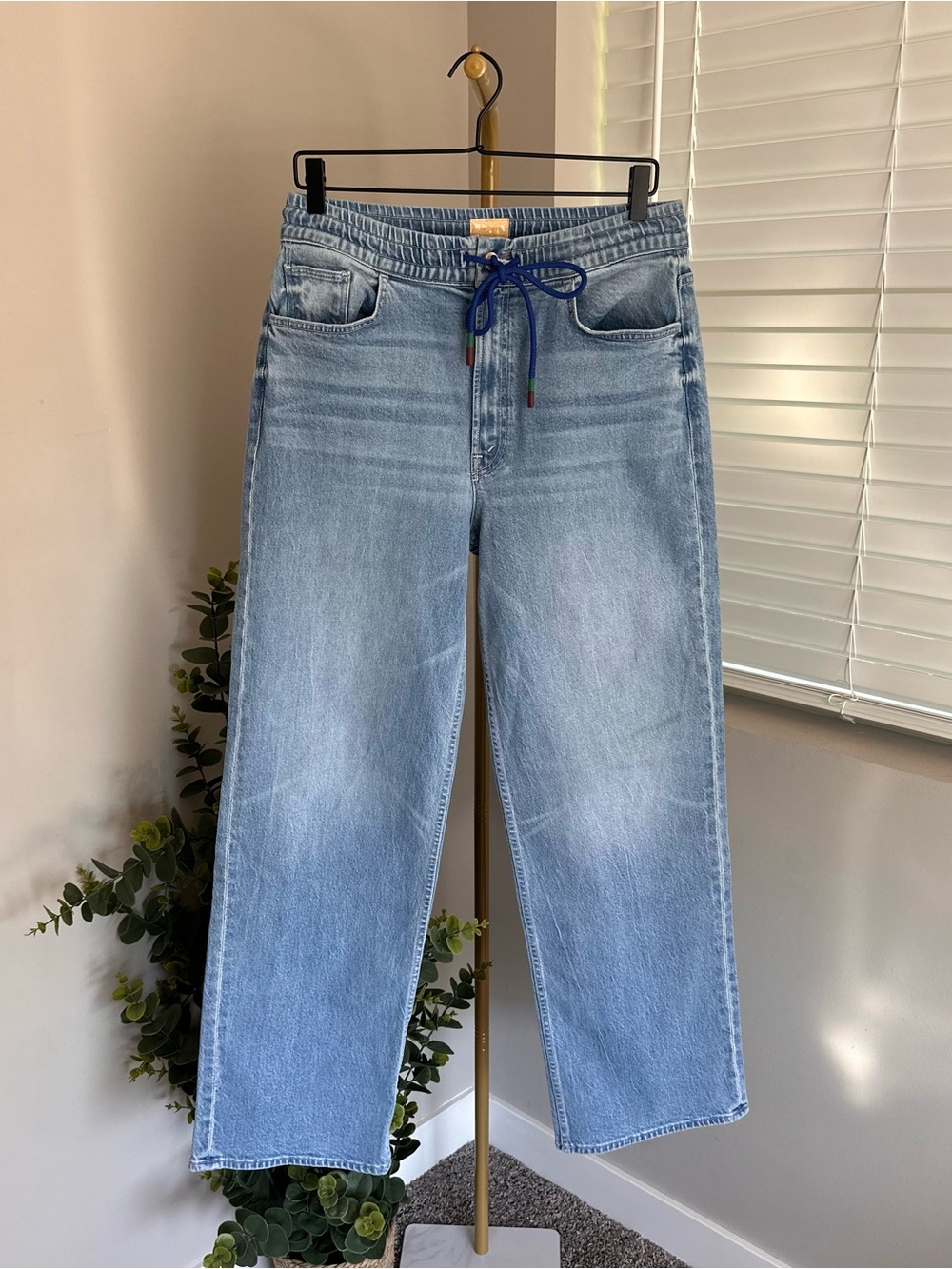 MOTHER Light Blue Straight-Leg Denim Jeans with Drawstring